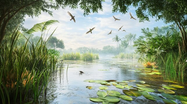 Peaceful summer wetland scene with shallow swamp water, lily pads, reeds, and birds flying overhead