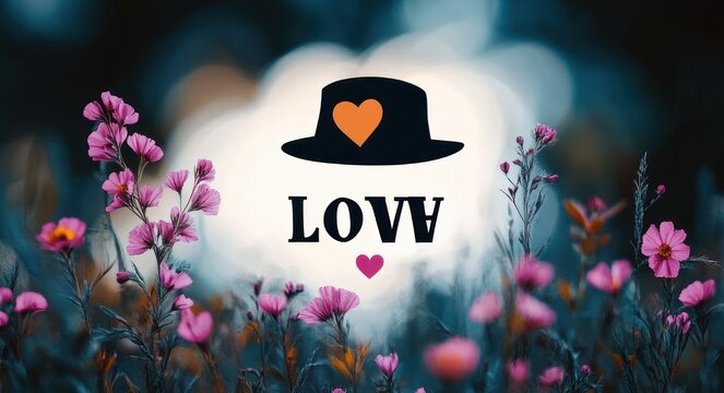 pink wildflowers in a soft bokeh meadow with a black hat graphic, heart symbols and whimsical romantic typography evoking gentle love