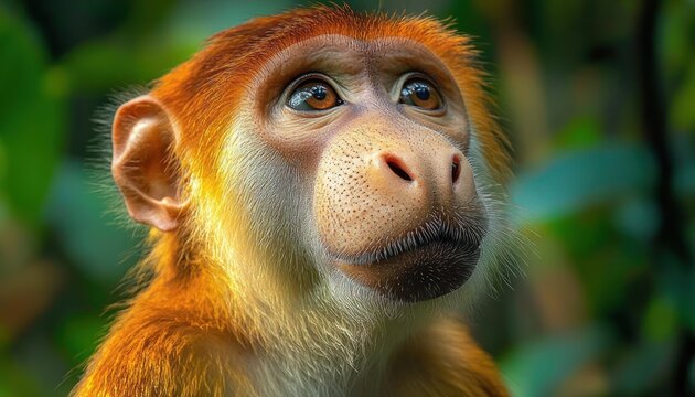 close-up of a golden monkey with orange fur, white whiskers and visible ear in lush green foliage, calm curious expression