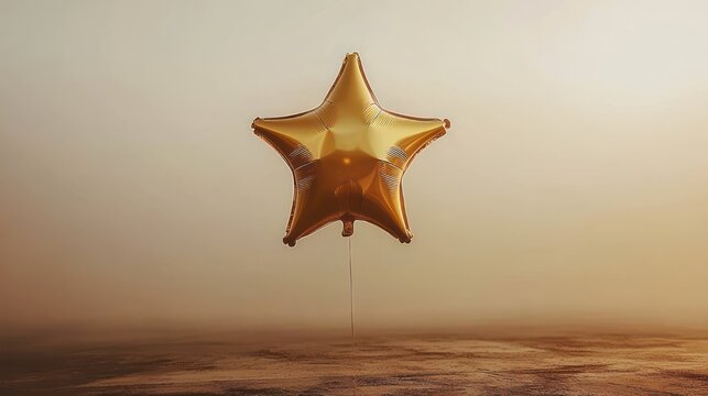 lonely gold star foil balloon tethered above a barren textured landscape under a hazy warm sky, evoking solitude and quiet hope