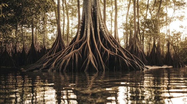Peaceful tropical mangrove forest at sunrise with exposed stilt roots reflected in calm water