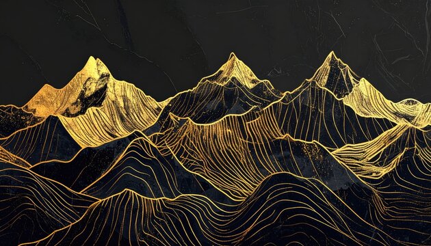 A stylized golden line art depiction of mountain peaks against a dark, textured backdrop resembling marble