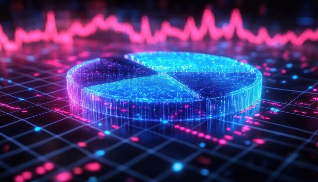 futuristic glowing holographic pie chart with cascading neon data streams on a digital grid and pulsing pink waveform conveying energetic high-tech analytics