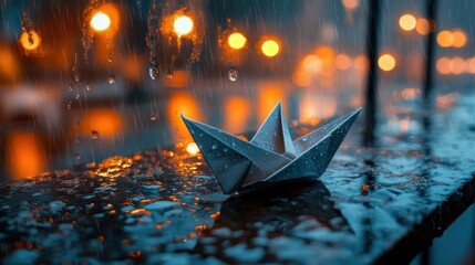 paper origami boat on a wet ledge in pouring rain with glowing orange bokeh city lights, evoking quiet melancholy and reflective solitude