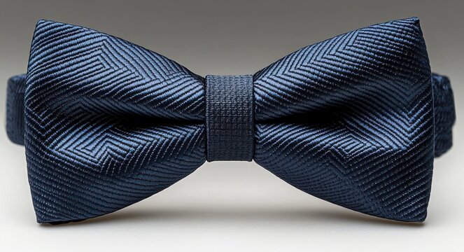 elegant navy blue textured bow tie with chevron herringbone pattern on neutral background, formal and sophisticated
