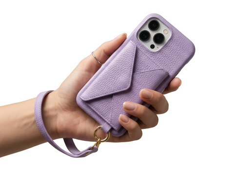 Hand holding a lavender leather iphone case with wallet and wrist strap isolated on transparent background