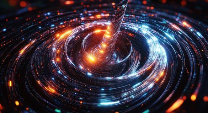Mesmerizing metallic vortex with twisting central spiral spike and swirling blue and orange glowing lights, dynamic futuristic energy