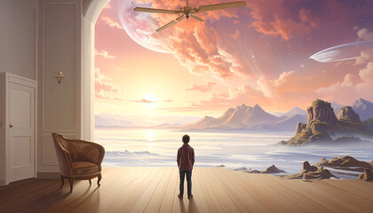 Surreal Living Room Overlooking a Cosmic Landscape