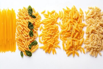 Fototapeta premium assorted uncooked yellow pasta varieties arranged in neat rows with fresh basil leaves on a bright white background, vibrant and appetizing
