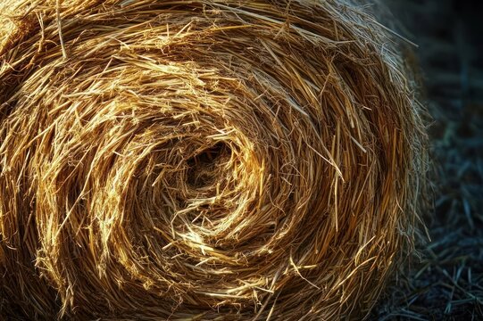 close-up of a round golden hay bale with spiral straw pattern in warm sunlight, rustic peaceful mood