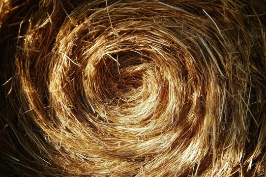 close-up of a spiral of golden hay bale with warm rustic texture and cozy countryside atmosphere