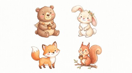 Fototapeta premium Four Cartoon Animals Holding Acorns on White Background