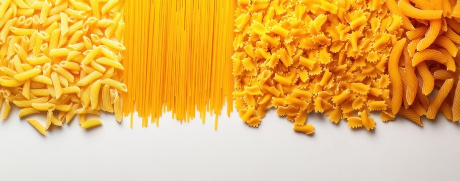 Assorted uncooked yellow pasta shapes - spaghetti, farfalle, fusilli and small shells arranged in a neat row on a white background, bright and inviting