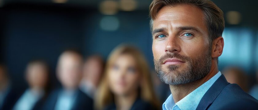 Confident executive team in suits in an office setting with blurred faces and a focused leader in the foreground