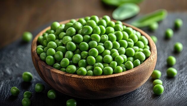 wooden bowl filled with fresh green peas on dark slate with scattered peas and a blurred pea pod in the background, vibrant, wholesome and appetizing