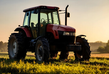 Fototapeta premium Red farm tractor in a golden field at sunset, agricultural machinery and modern farming