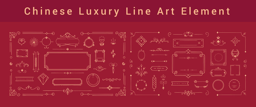 Chinese luxury decorative line art elements collection on red background