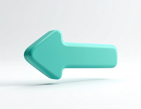 A shiny, turquoise arrow points left against a clean, white background