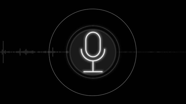 Minimal luminous microphone circular sound levels background. virtual assistants, audio applications, webinars, journalism, voice recognition, online lectures, streaming content, communication promos.