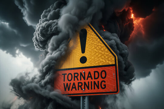 A tornado warning sign amidst a dramatic storm with dark clouds and fire.
