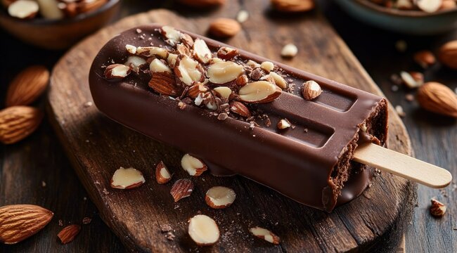 chocolate covered ice cream bar with a bite, topped with chopped almonds, resting on a rustic wooden board surrounded by whole almonds, indulgent and tempting