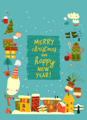 Obraz premium Cute Cartoon Frame With Christmas Elements