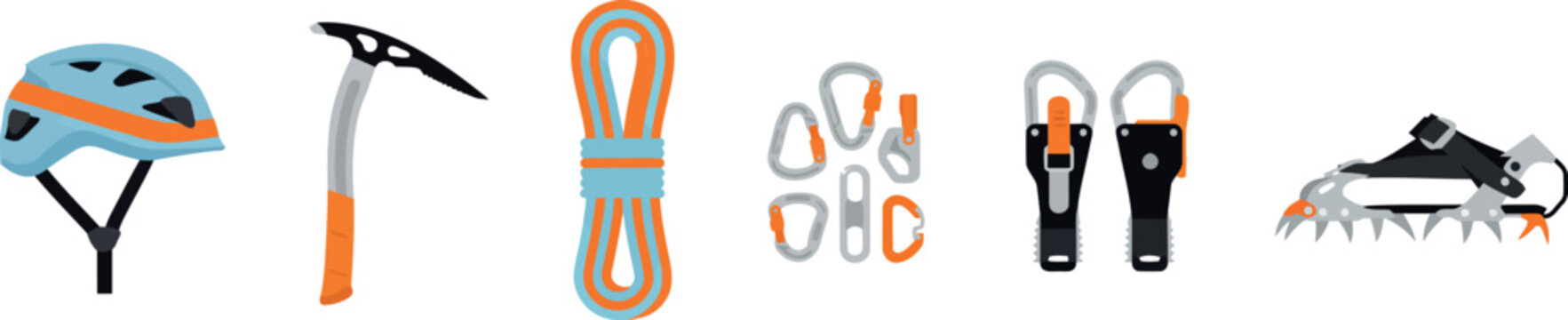 Mountaineering and Ice Climbing Gear Vector Icon Set Featuring Safety Helmet Ice Axe Climbing Rope Carabiners Ascenders and Crampons for Alpine Adventure