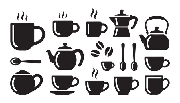 Collection of coffee and tea icons for cafe and restaurant design including cups pots and beans.