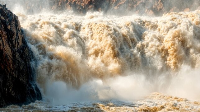 Powerful muddy river rapids cascade over steep canyon walls with mist rising