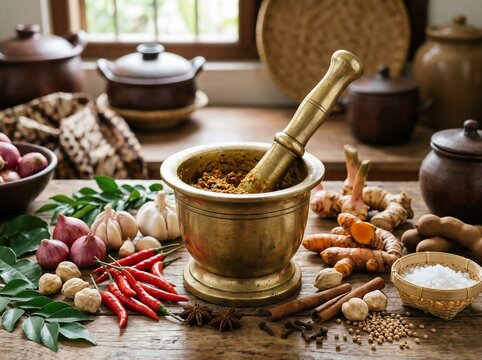 Traditional brass mortar and pestle with Indonesian spices