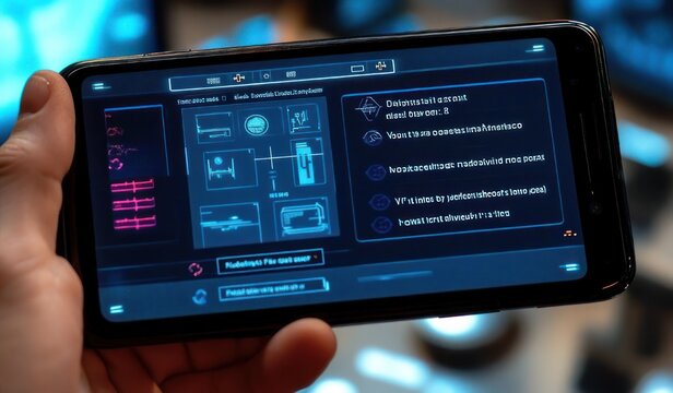hand holding smartphone displaying futuristic blue schematic user interface and data dashboard on touchscreen, close-up conveying focused tech concentration with blurred background bokeh
