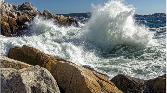Powerful ocean waves crash against jagged coastal rocks under a clear blue sky