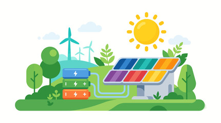 Fototapeta premium Renewable Energy Concept with Solar Panel and Wind Turbines Generating Clean Power.