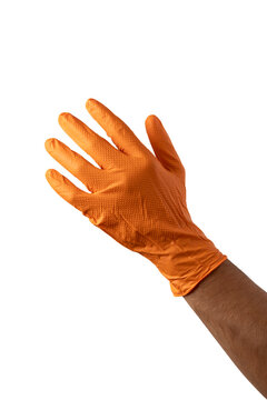 Hand wearing orange textured nitrile safety glove