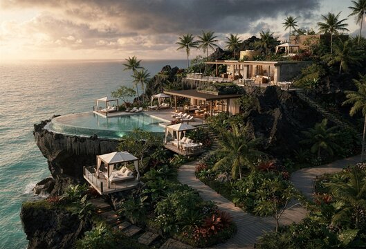 Tropical cliffside villa resort with infinity pool and ocean coastline