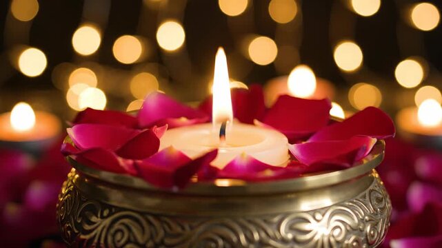 Lit candle with red rose petals in brass bowl