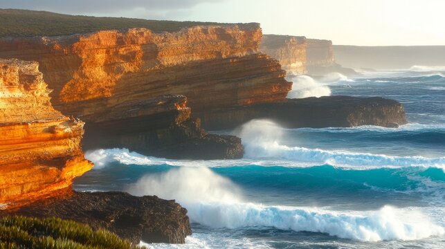 Powerful ocean waves crash against rugged, sunlit cliffs along a coastline at sunset