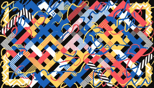 Abstract geometric pattern with interwoven colorful stripes and scribbles