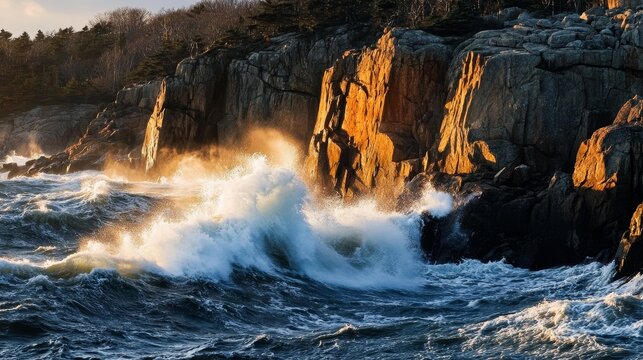 Powerful ocean waves crash against rugged, sunlit cliffs along a rocky coastline at sunset