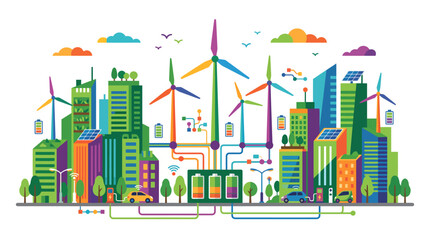 Fototapeta premium Sustainable city with wind turbines and green energy solutions.
