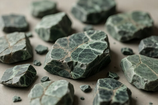 Close-up of raw green jade stones and fragments on a neutral background.