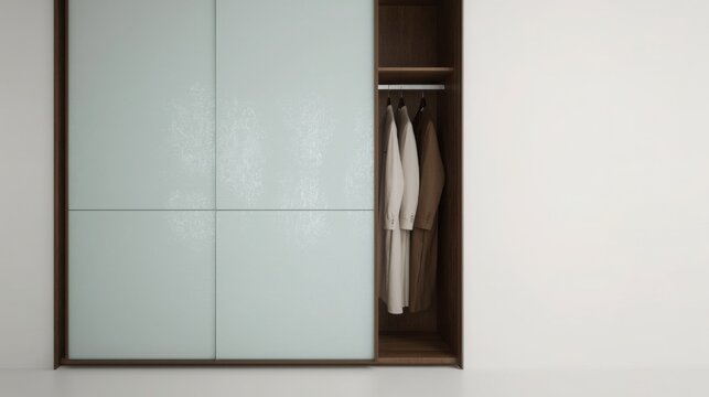 Modern minimalist wardrobe with frosted glass panels in bright empty room interior