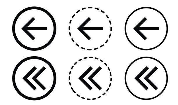 Left arrow icon set with single and double chevron buttons in solid, dashed, and thin circular frames for UI design