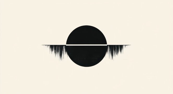 Minimalist black circle bisected by a thin horizontal line with jagged vertical drips like an inverted skyline on a pale background, calm and mysterious mood