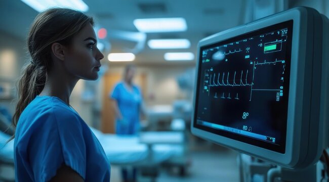 Attentive nurse in blue scrubs watching cardiac monitor displaying ECG waveforms in dim hospital ward with blurred colleague and empty gurney, tense focus