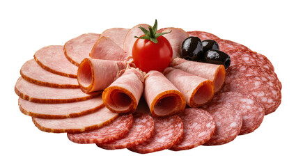 Isolated Fresh charcuterie platter with sliced ham, salami, rolled meat, black olives, and tomato. © Aoife