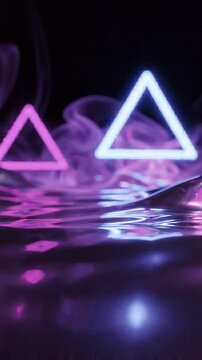 Abstract neon triangles glow above rippling liquid surface with purple smoke, mirrored reflections, dark mounds, geometric grid, futuristic cyber style, vivid contrast and luminous depth.