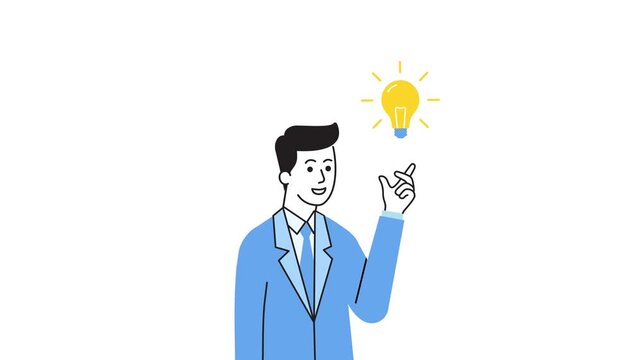 Animated cartoon character of a professional man in suit pointing at a bright light bulb, eureka moment and inspiration concept.