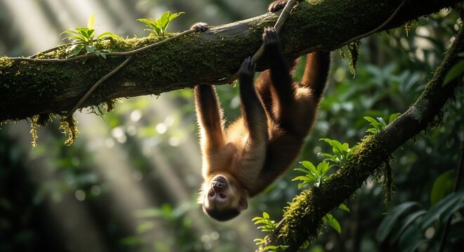 Capuchin Monkey Hanging Upside Down on a Mossy Tree Branch in a Lush Rainforest.