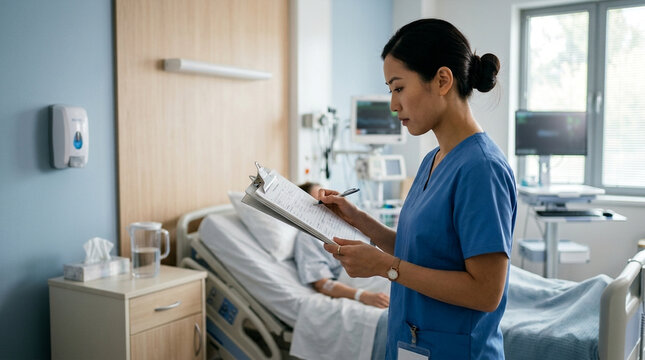 Asian Nurse Checking Patient Charts in Hospital Room
